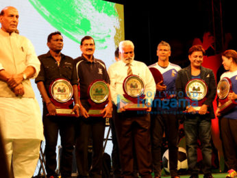 Sukhwinder Singh performs at the under 19 Football tournament at the India Gate