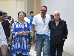 Sanjay Dutt snapped making a style statement with reflector shades with Mahesh Bhatt and Pooja Bhatt after a meeting at Vishesh Films’ office