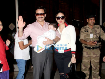 Saif Ali Khan and Kareena Kapoor Khan pose with Taimur as they depart for Switzerland