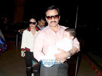 Saif Ali Khan and Kareena Kapoor Khan pose with Taimur as they depart for Switzerland