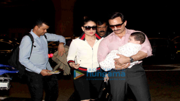 Saif Ali Khan and Kareena Kapoor Khan pose with Taimur as they depart for Switzerland