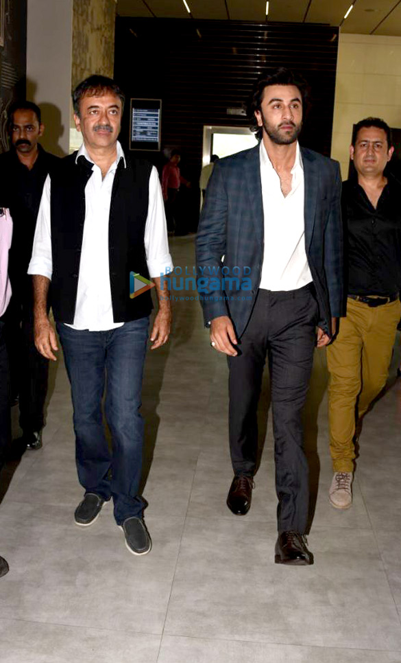 sanjay dutt ranbir kapoor rajkumar hirani at the trailer launch of bhoomi 3