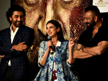 Sanjay Dutt, Ranbir Kapoor, Rajkumar Hirani at the trailer launch of 'Bhoomi'