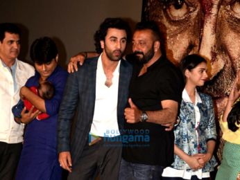 Sanjay Dutt, Ranbir Kapoor, Rajkumar Hirani at the trailer launch of 'Bhoomi'