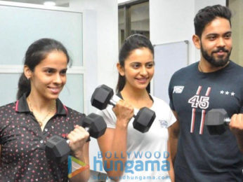 Saina Nehwal graces the launch of Rakul Preet's fitness studio F45 in Hyderabad