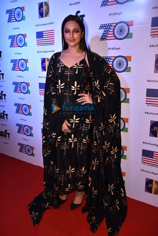 Sonakshi Sinha slays it in her black dress and overcoat; talks about gender violence