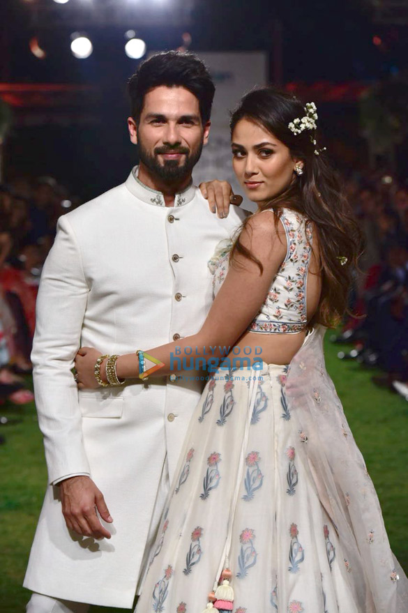 Shahid Kapoor and Mira Rajput walk the ramp for Anita Dongre’s show at the Lakme Fashion Week 2018