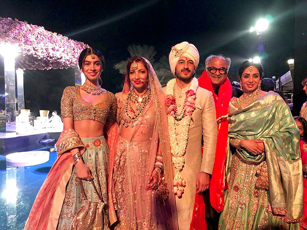 Sridevi Kapoor and Khushi Kapoor with Boney Kapoor at the Mohit Marwah and Antara Motiwala wedding