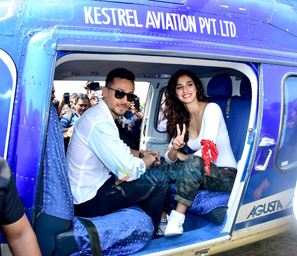 tiger shroff and disha patani arrive in a helicopter for the trailer launch of baaghi 2 7
