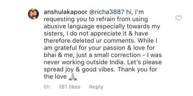 Anshula Kapoor blasts a troll for abusing Sridevi’s daughters Janhvi Kapoor and Khushi Kapoor 