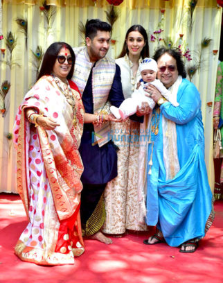 Bappi Lahiri and Chitrani Lahiri attend the rice ceremony of their grandson Krishh Lahiri