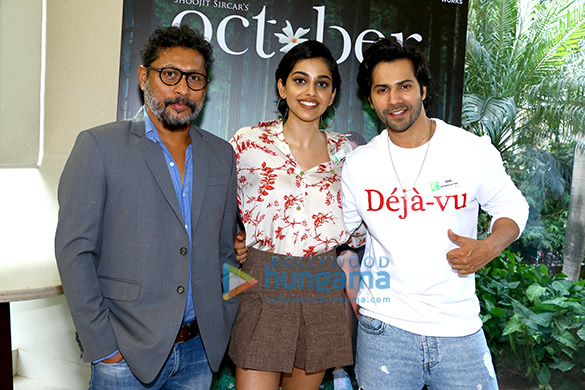 varun dhawan banita sandhu and shoojit sircar snapped promoting their film october 3