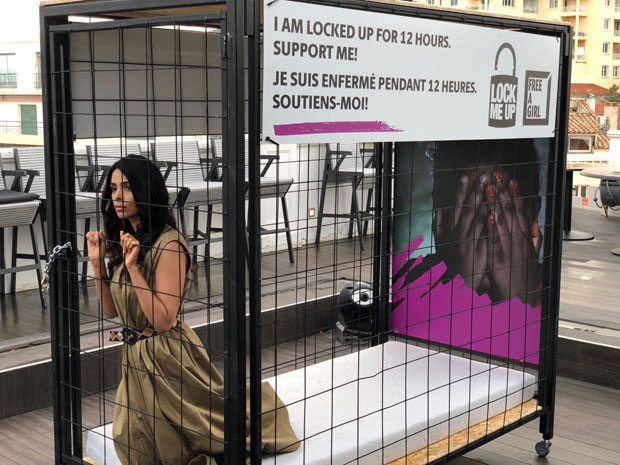 Mallika Sherawat locks herself in a cage as part of the Lock-Me-Up campaign at Cannes 2018