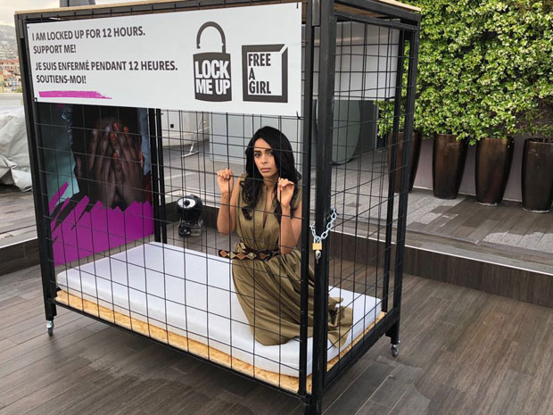 Mallika Sherawat locks herself in a cage as part of the Lock-Me-Up campaign at Cannes 2018