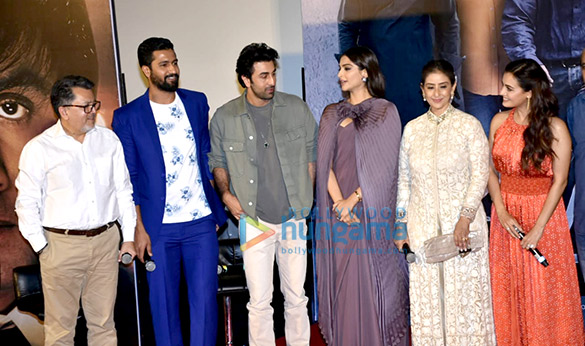 ranbir kapoor sonam kapoor rajkumar hirani vidhu vinod chopra snapped at the trailer launch of sanju 2