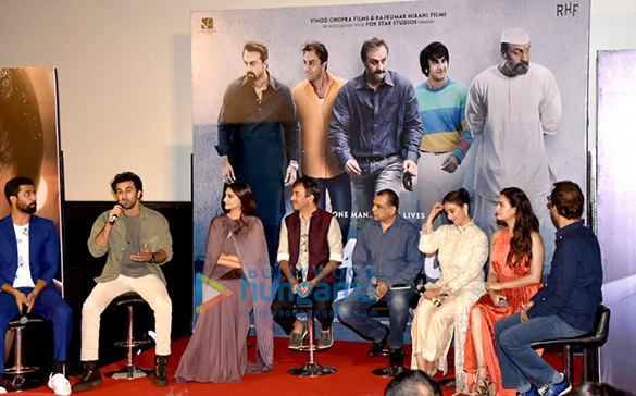 ranbir kapoor sonam kapoor rajkumar hirani vidhu vinod chopra snapped at the trailer launch of sanju 4