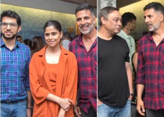 Akshay Kumar strikes a pose with Aditya Thackeray and Marathi actors Sachin Khedekar and Sai Tamhankar at Chumbak screening