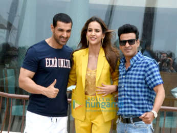John Abraham and Manoj Bajpayee and Aisha Sharma snapped during media interaction for their film Satyamave Jayate
