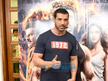 John Abrahama, Manoj Bajpayee and Bhushan Kumar snapped promoting Satyamev Jayate in Delhi