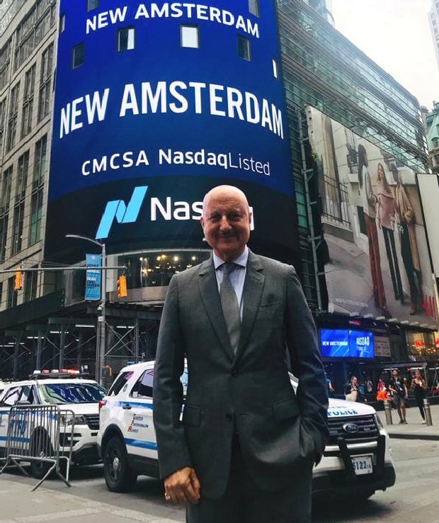 Anupam Kher rings the Nasdaq bell at Times Square during New Amsterdam promotions!