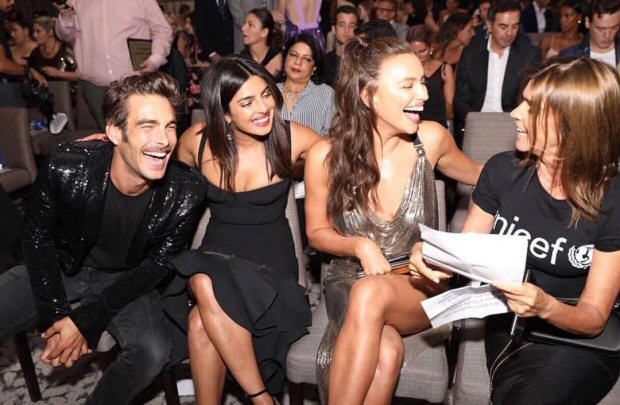 Priyanka Chopra shares a fun moment with model Jon Kortajarena, Irina Shayk and Carine Roitfeld