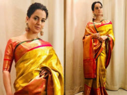 Slay or Nay: Kangana Ranaut in an INR 1.75 lakh gold saree from Madhurya Creations for Manikarnika: The Queen of Jhansi promotions