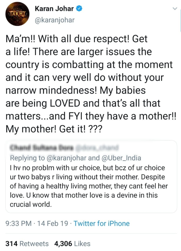 Karan Johar slams a Twitter user for accusing him of keeping his kids away from mother's love Karan Johar slams a Twitter user for accusing him of keeping his kids away from mother's love