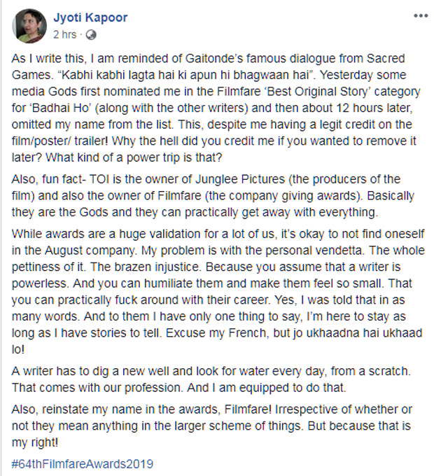 Writer Jyoti Kapoor slams Filmfare Awards for removing her name from the writer’s list at the last minute