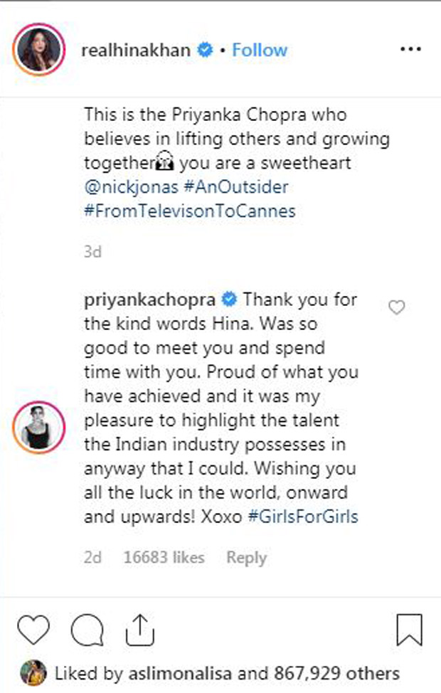 Cannes 2019: Priyanka Chopra has the sweetest reply to Hina Khan’s post over them bonding! 