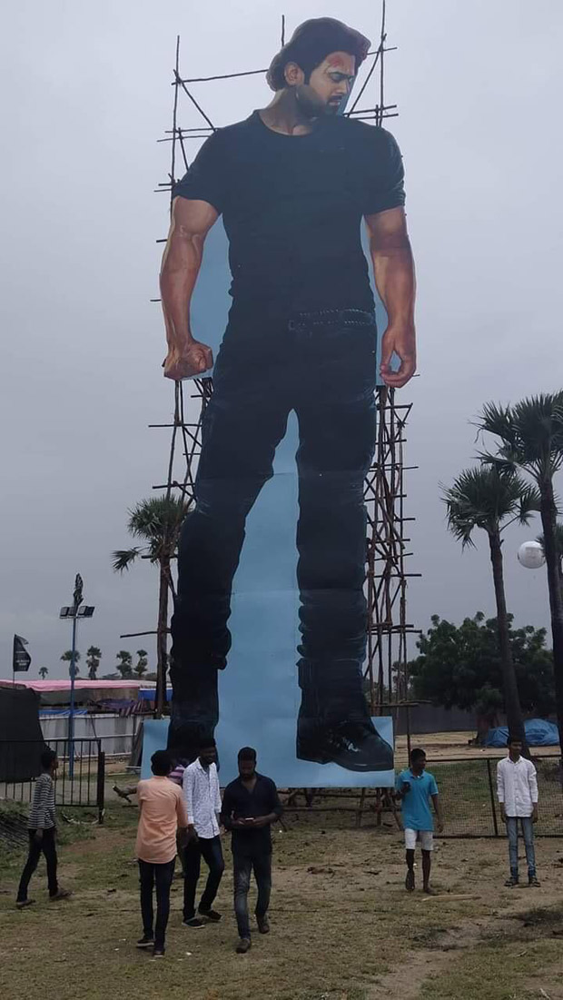 Fans of Saaho star Prabhas get a massive 70-feet installation for the pre-release event in Hyderabad