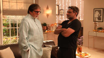 Filmmaker R Balki snapped in a candid moment with actor Amitabh Bachchan on the sets of their new campaign