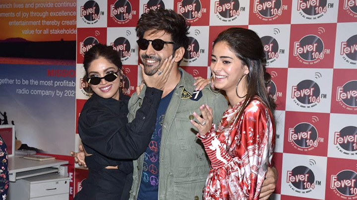 Kartik Aaryan, Bhumi Pednekar and Ananya Panday snapped promoting their film Pati Patni Aur Woh at the Fever 104 FM office Part 1