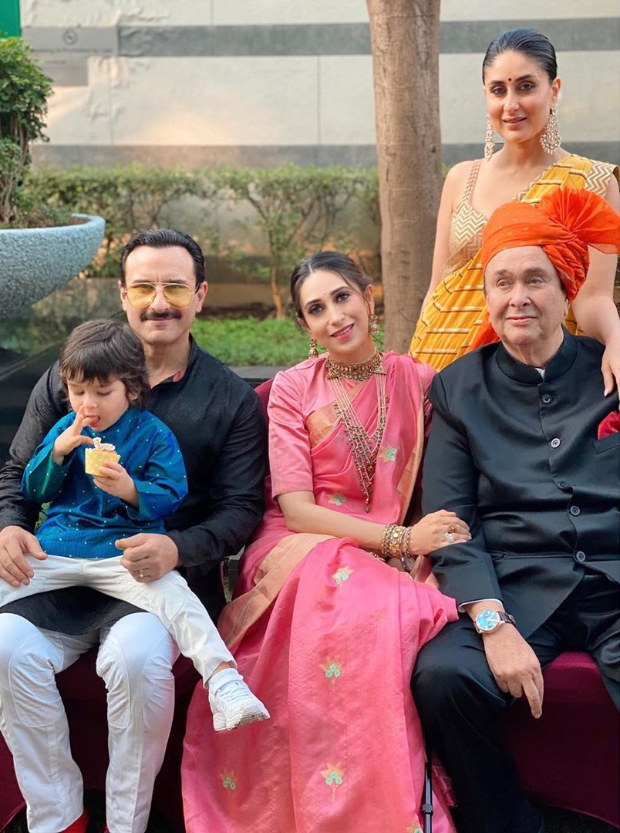 Saif Ali Khan, Kareena Kapoor Khan, Taimur, Karisma Kapoor and Randhir Kapoor strike a pose for family portrait at Armaan Jain and Anissa Malhotra’s wedding