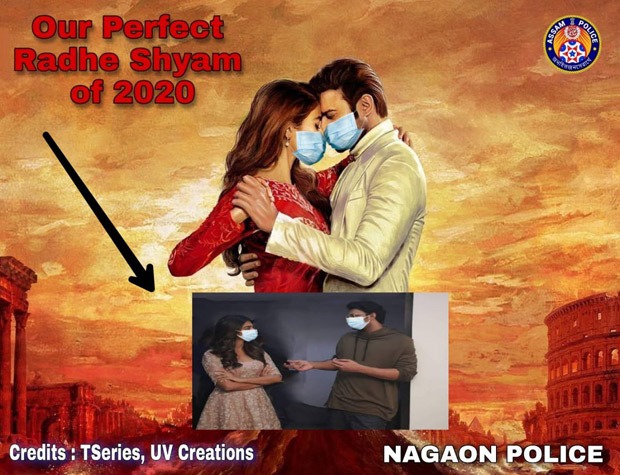 Prabhas and Pooja Hegde’s Radhe Shyam poster now has masks courtesy Assam Police Prabhas and Pooja Hegde’s Radhe Shyam poster now has masks courtesy Assam Police