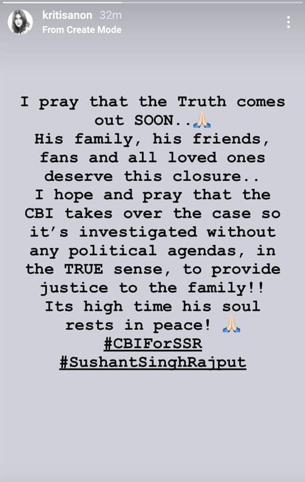 ‘Pray that the CBI takes over Sushant Singh Rajput’s case so it's investigated without any political agendas’: Kriti Sanon