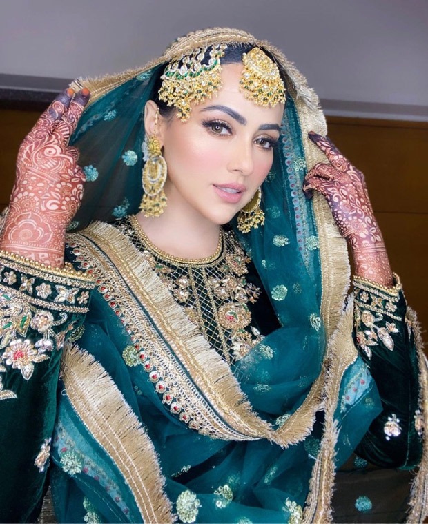 Sana Khan’s teal green and golden gharara is a must-add in your trousseau