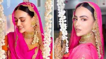 Sana Khan ditches the traditional yellow-green combination, opts for a stunning pink-orange contrast for her Mehendi function