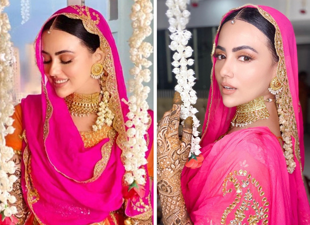 Sana Khan ditches the traditional yellow-green combination, opts for a stunning pink-orange contrast for her Mehendi function