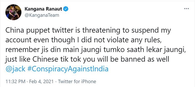 Kangana Ranaut says Twitter is threatening to suspend her account; says Twitter will be banned just like 'Chinese Tik Tok'