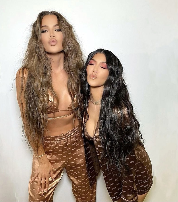 Khloé Kardashian and Kourtney Kardashian pose in Kim Kardashian's new Skims jacquard bralette and pajamas 