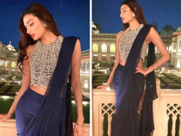 Athiya Shetty pairs pearl embellished blouse with navy draped chiffon saree worth Rs. 78,800