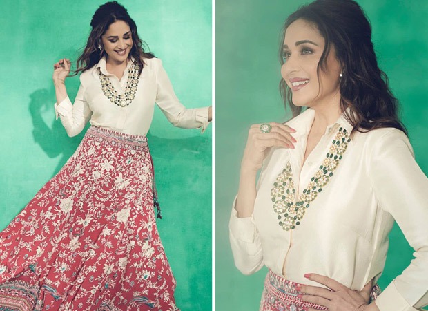 Madhuri Dixit gives modern contemporary feels by pairing a satin shirt with red lehenga skirt 1