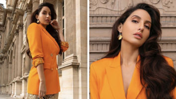 Nora Fatehi pairs orange Versace blazer worth 1.2 lakhs with shimmery pants and YSL bag worth Rs. 1.5 lakhs