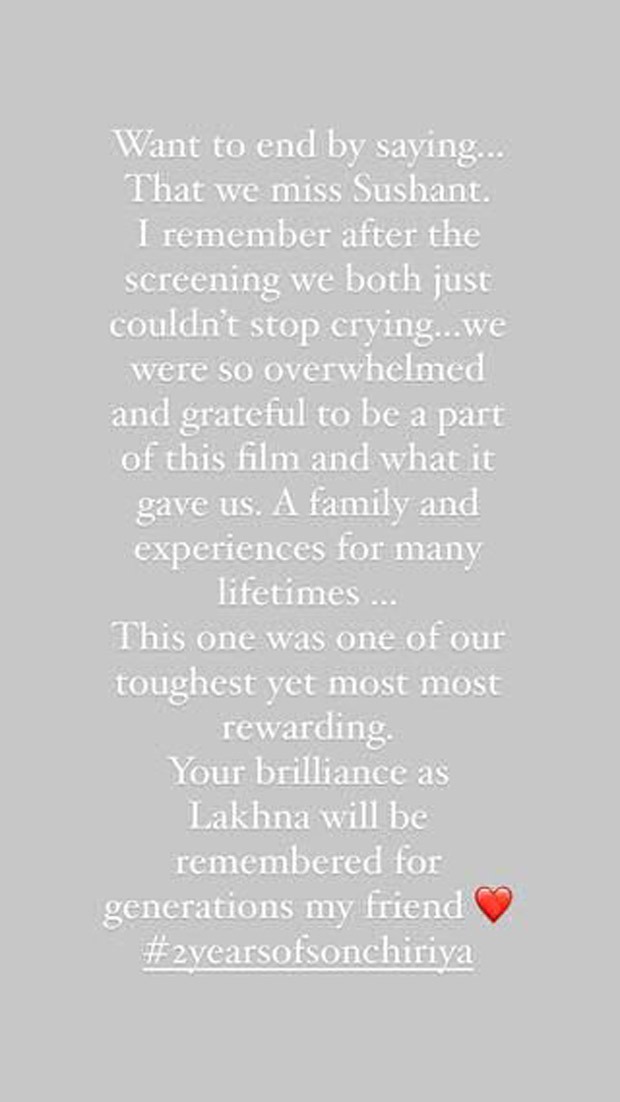 2 Years of Sonchirya Bhumi Pednekar says Sushant Singh Rajput will be remembered for his work as Lakhan for generations