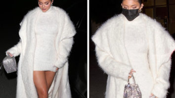 Kylie Jenner aces monotone look with fuzzy white bodycon & faux fur overcoat for dinner outing