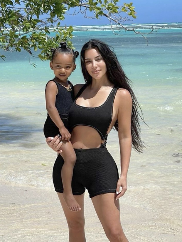 Kim Kardashian dons bold monokini with cycling shorts, twins with daughter Chicago Kim Kardashian dons bold monokini with cycling shorts, twins with daughter Chicago