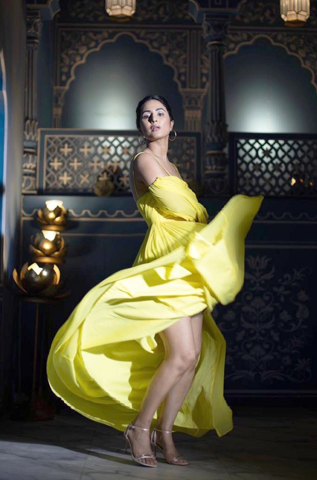 Hina Khan is a ray of sunshine in cold-shoulder yellow summery dress in ‘Pathar Wargi’ song 
