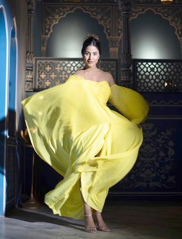 Hina Khan is a ray of sunshine in cold-shoulder yellow summery dress in ‘Pathar Wargi’ song 