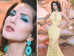 Sunny Leone flaunts summer glow in yellow bodycon, opts for contrasting blue colour