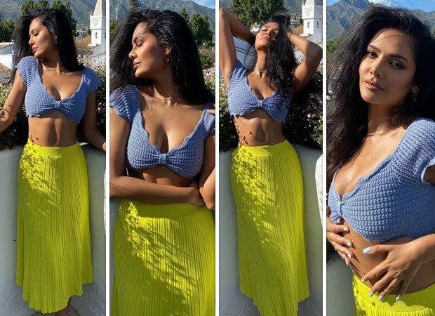 Esha Gupta is all about colour blocking in crochet crop top with neon yellow midi skirt Esha Gupta is all about colour blocking in crochet crop top with neon yellow midi skirt